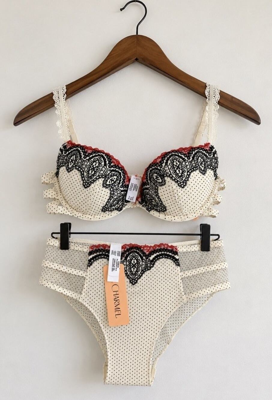 Lise Charmel Boheme Glamour Lingerie Bra 32C Panties M Vanilla Polka Dot New